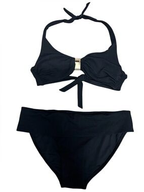 Melissa Odabash Black Texture Halter Bikini Set with Gold Accent Sz 6